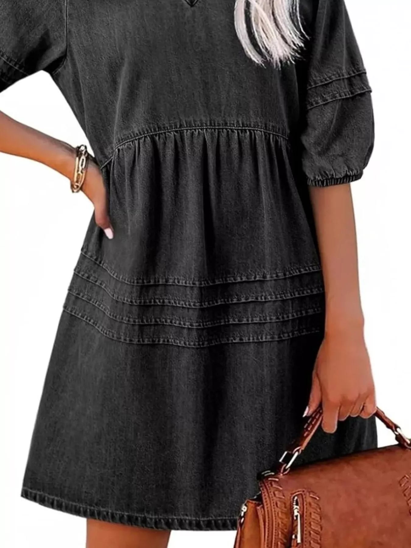 V-Neck Puff Sleeve Denim Mini Dress