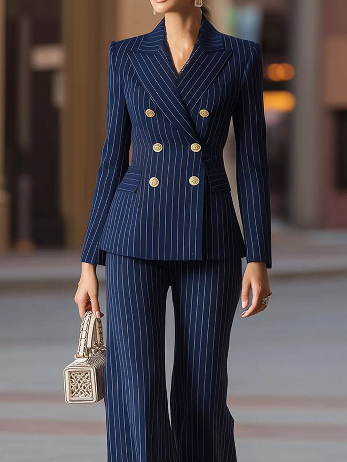 Double-Breasted Pinstripe Blazer and Pants Set