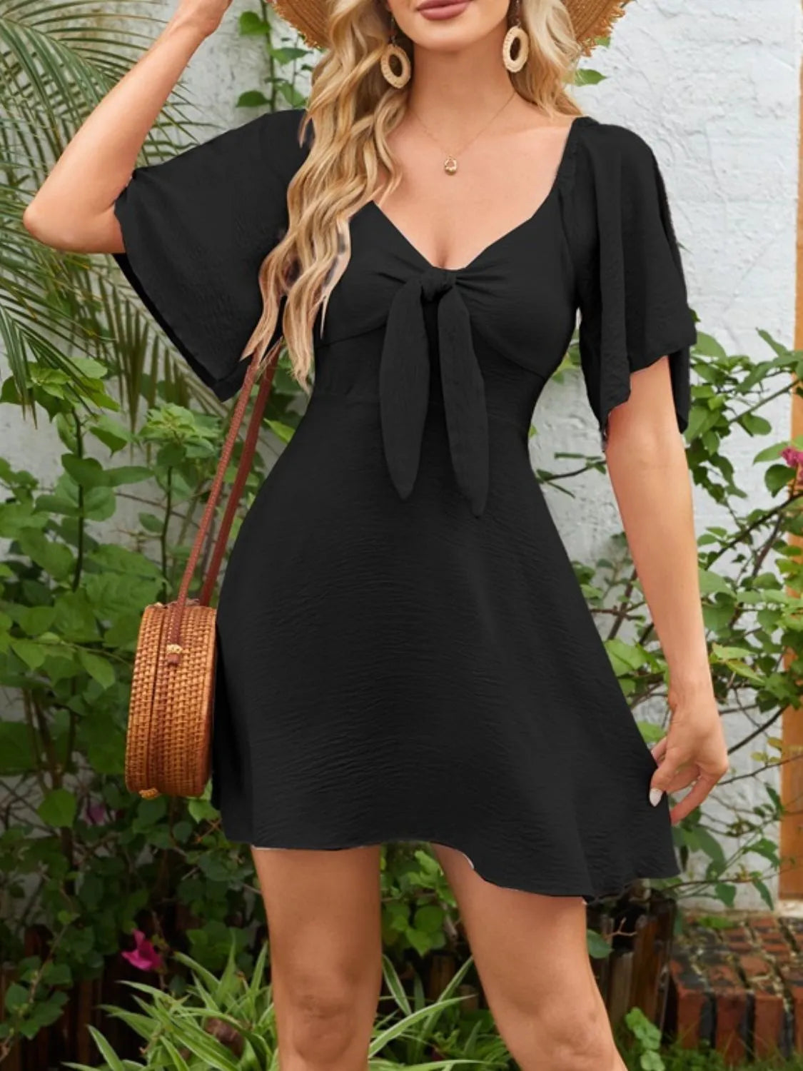 Smocked Back Knotted Flutter Sleeve Dress by Gen Beauty