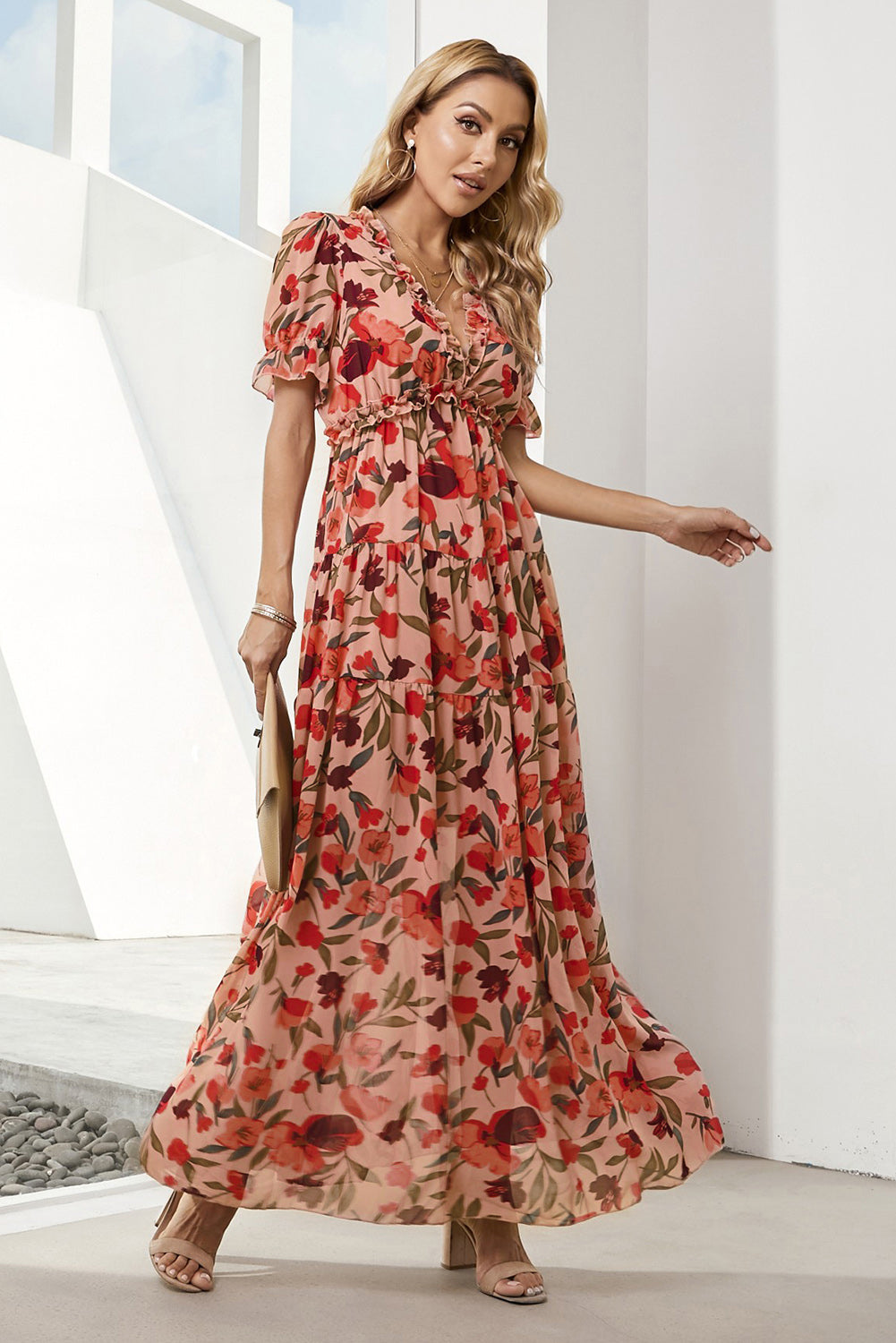 Floral V-Neck Flounce Sleeve Dress