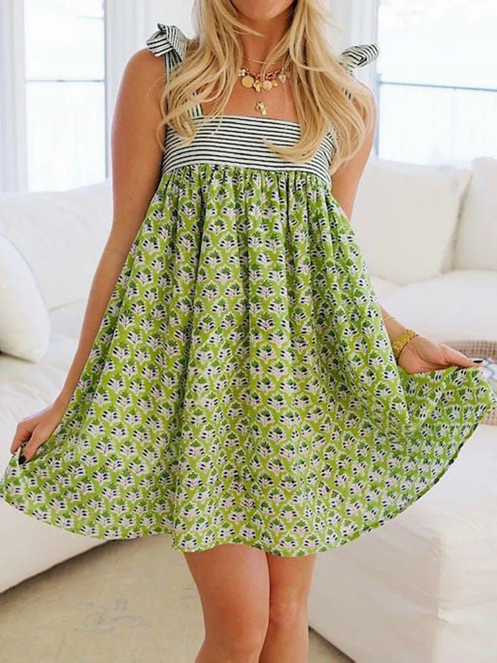 Printed Tie-Shoulder Ruched Mini Dress by Mystique Q