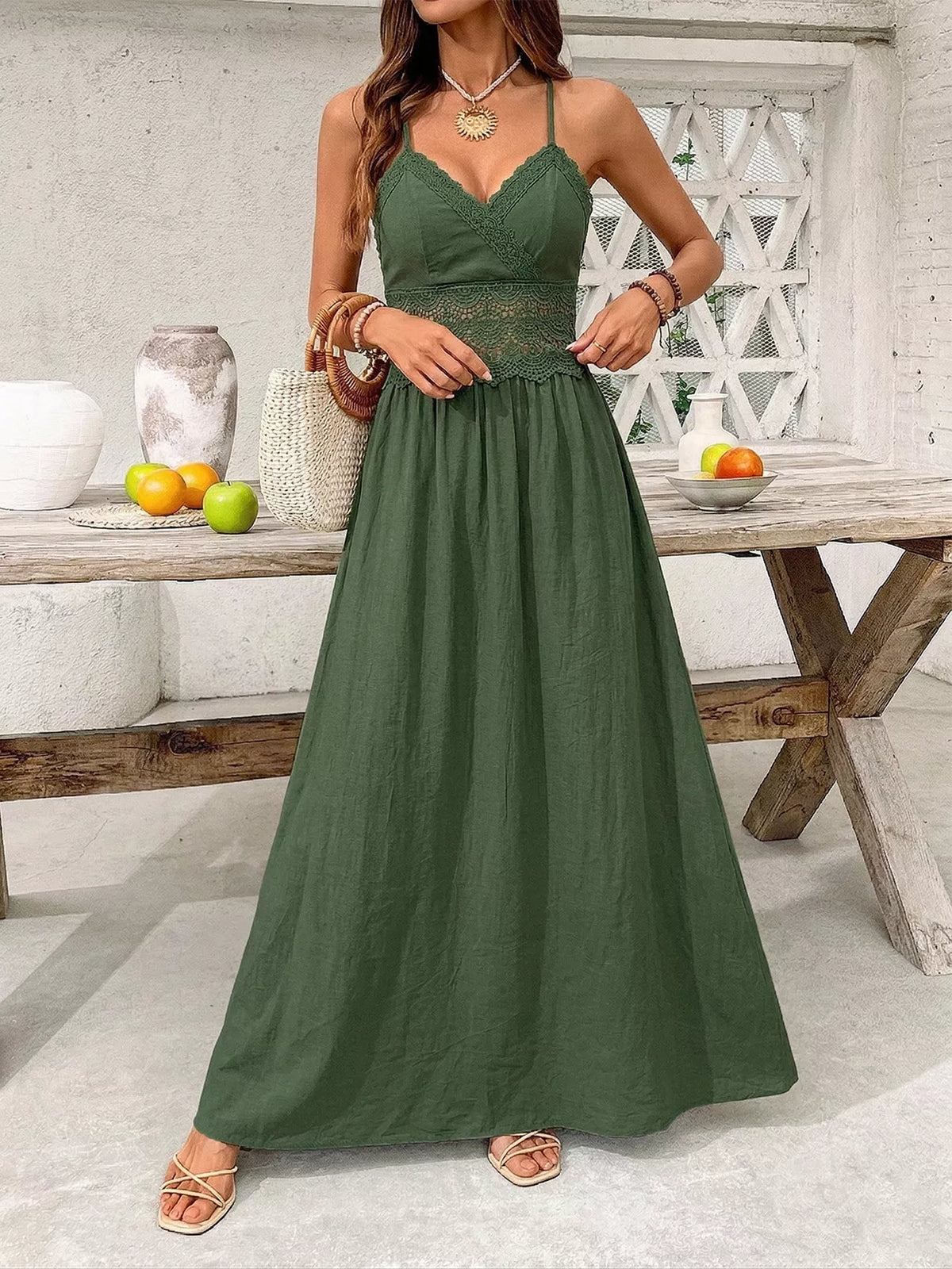 Lace Trim Spaghetti Strap Maxi Dress in Sage