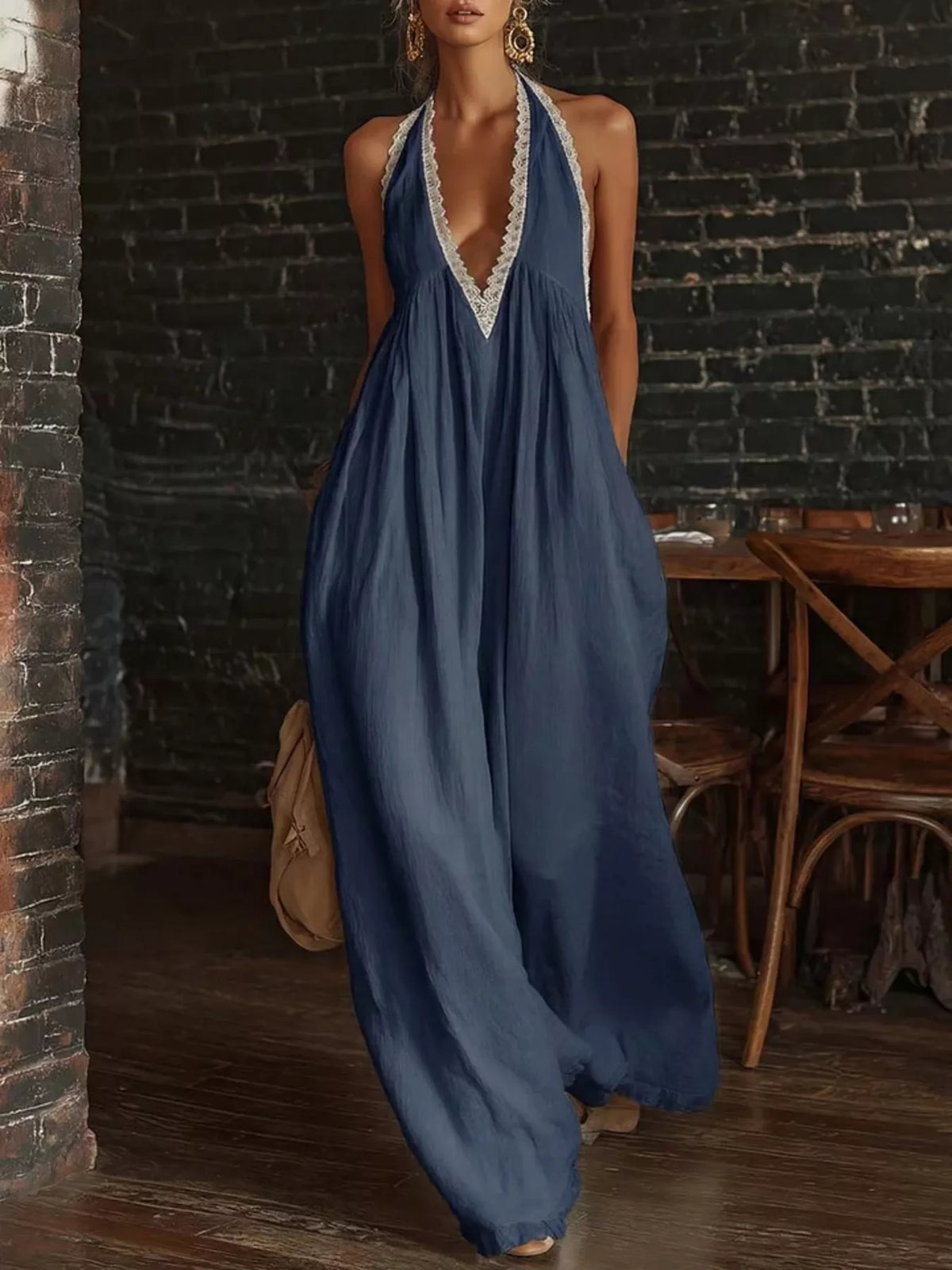 Halter Neck Lace-Trim Wide-Leg Jumpsuit