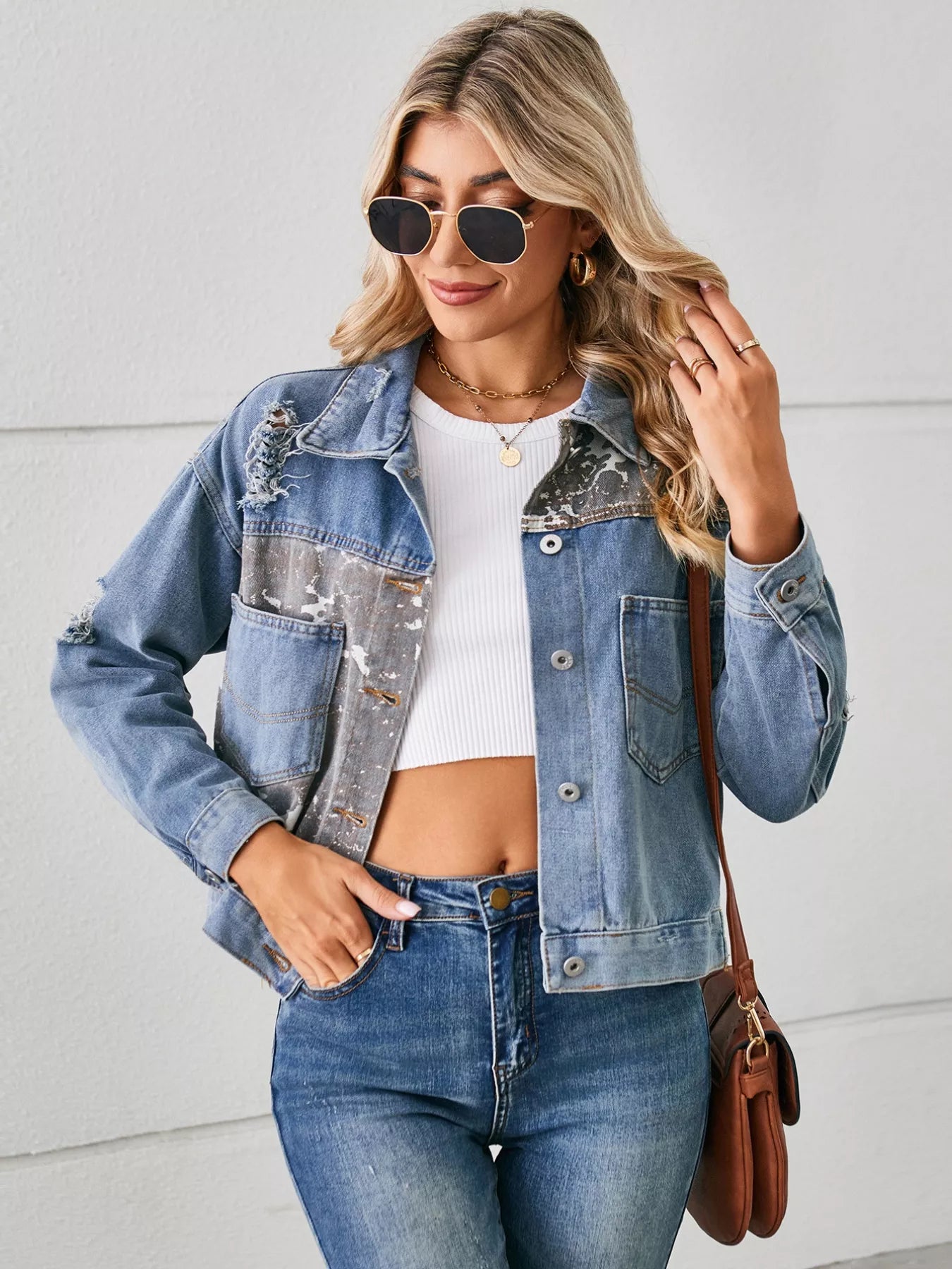 Snake Print Button-Up Denim Jacket by Moni Wear