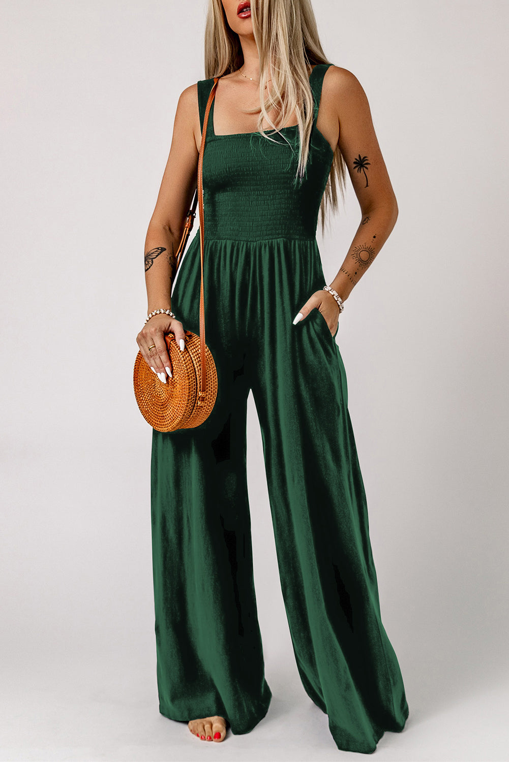 Smocked Square Neck Wide Leg Jumpsuit