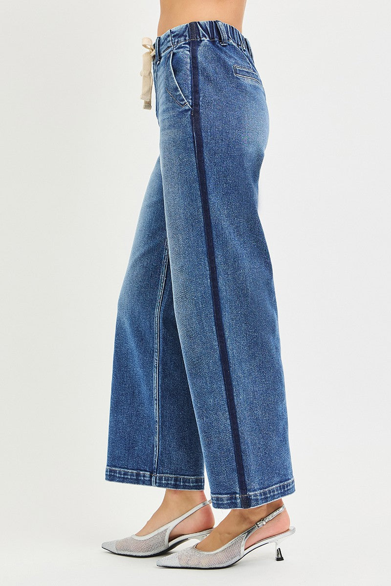 Risen Drawstring Cropped Wide Leg Jeans in Medium Wash