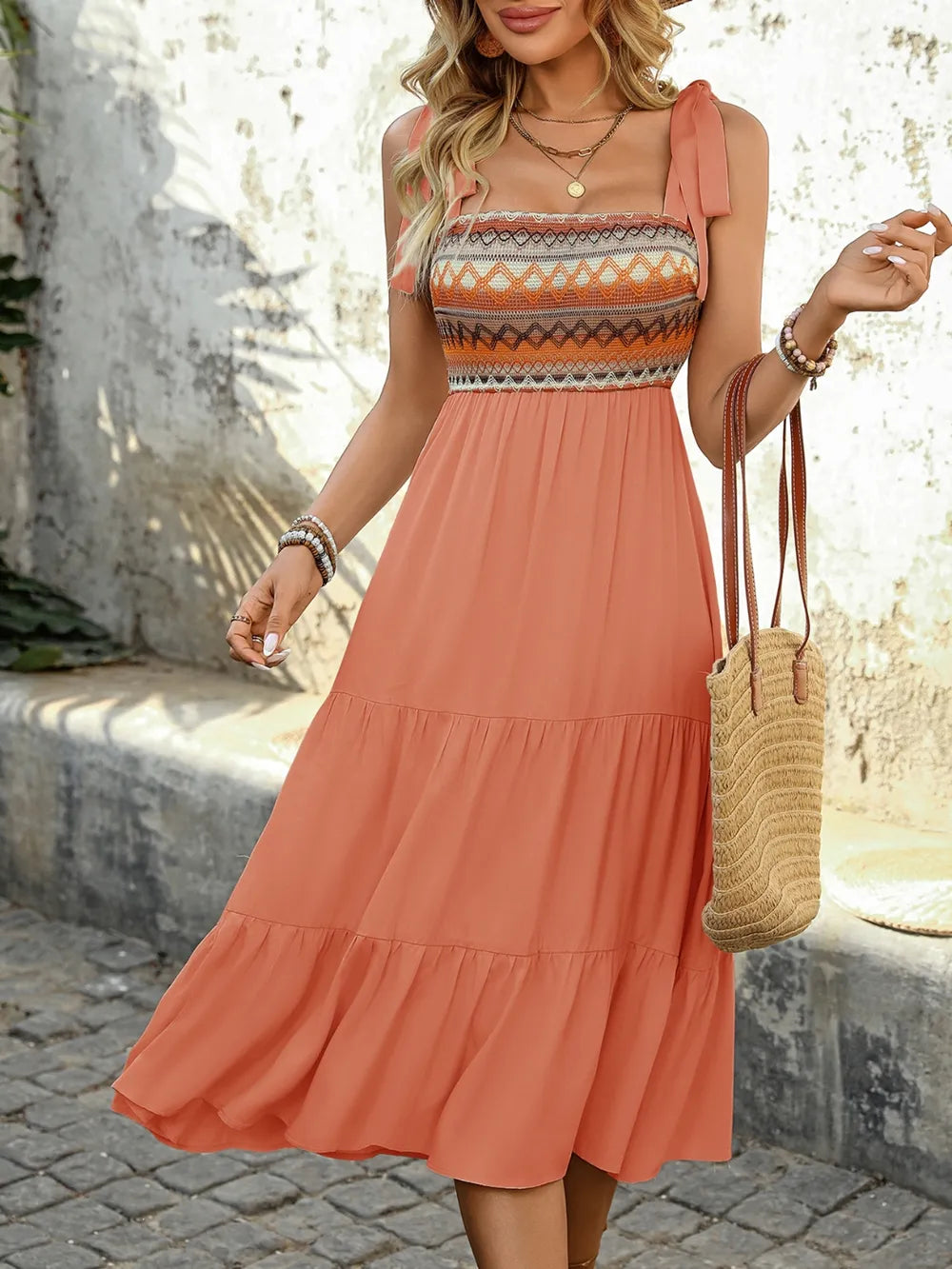 Tiered Tie-Shoulder Midi Dress