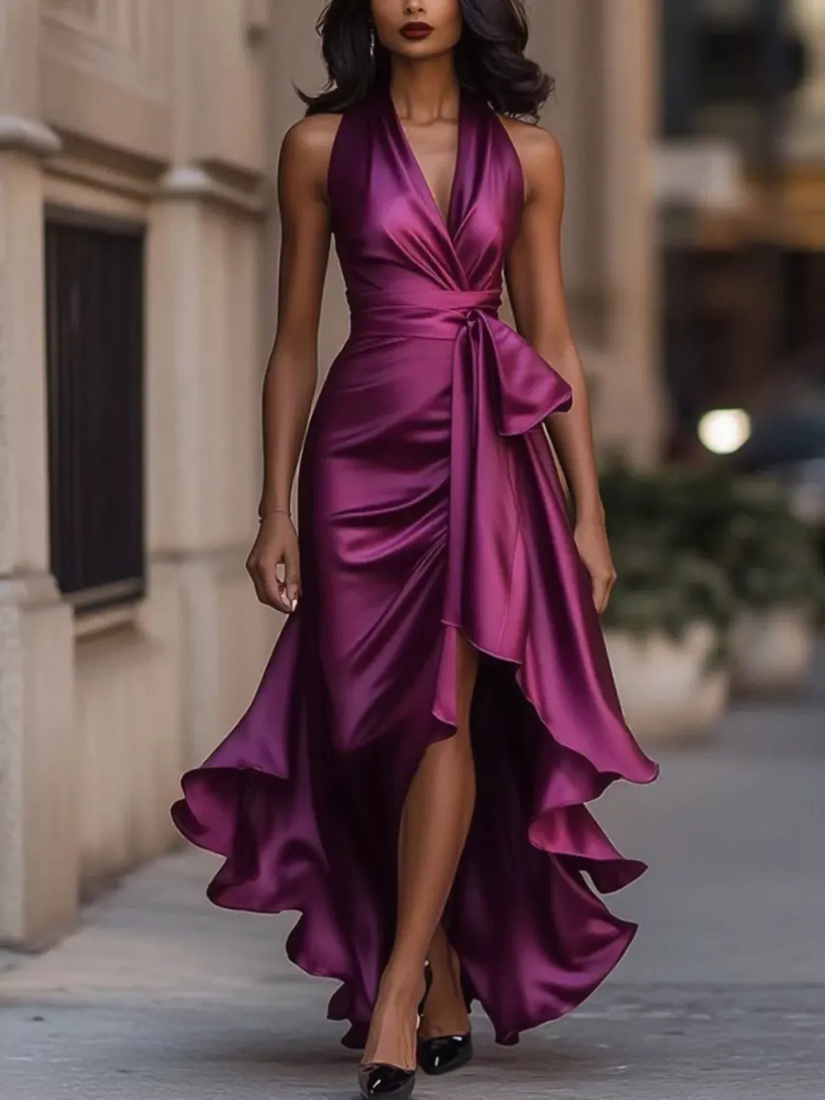 High-Low Ruffled Satin Maxi Dress