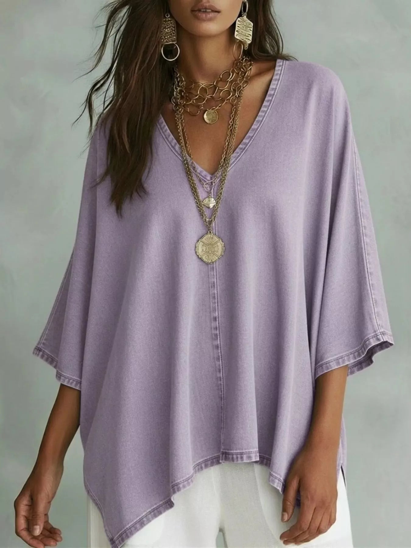 V-Neck Batwing Sleeve T-Shirt