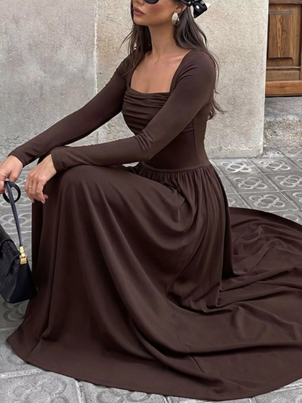Ruched Square Neck Long Sleeve Maxi Dress in Coffee Brown