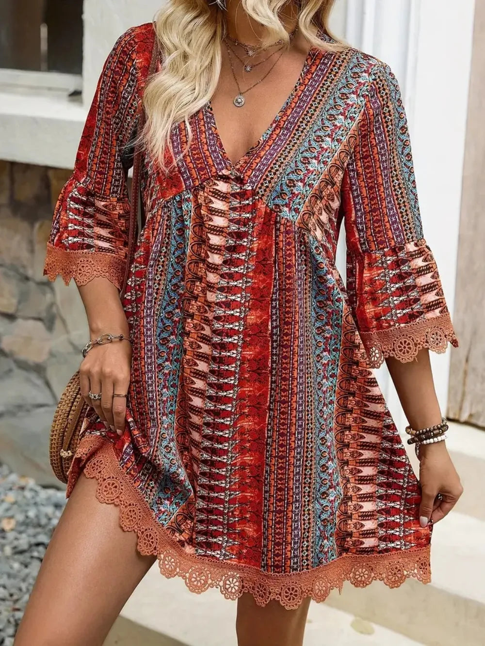 Lace-Trim Printed V-Neck Dress