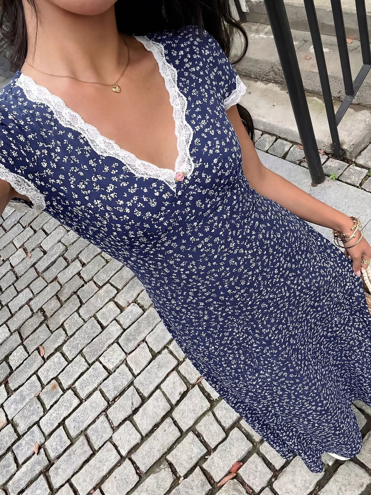 Floral Print Lace Trim Maxi Dress in Navy