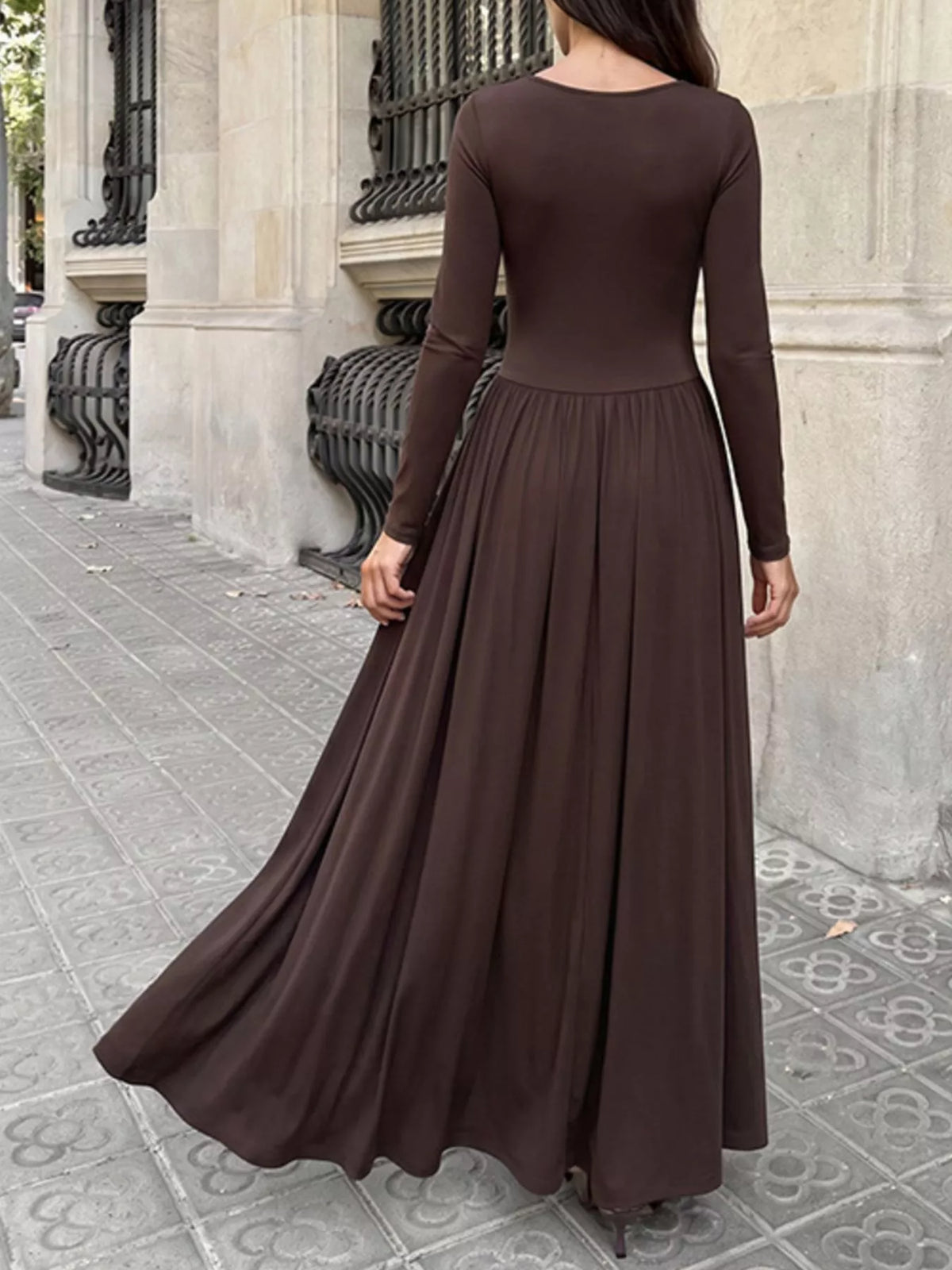 Ruched Square Neck Long Sleeve Maxi Dress in Coffee Brown