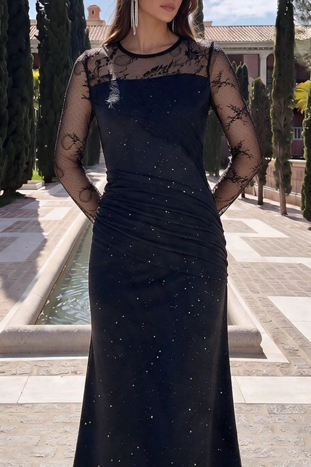 Glitter Mesh Long Sleeve Maxi Dress in Black