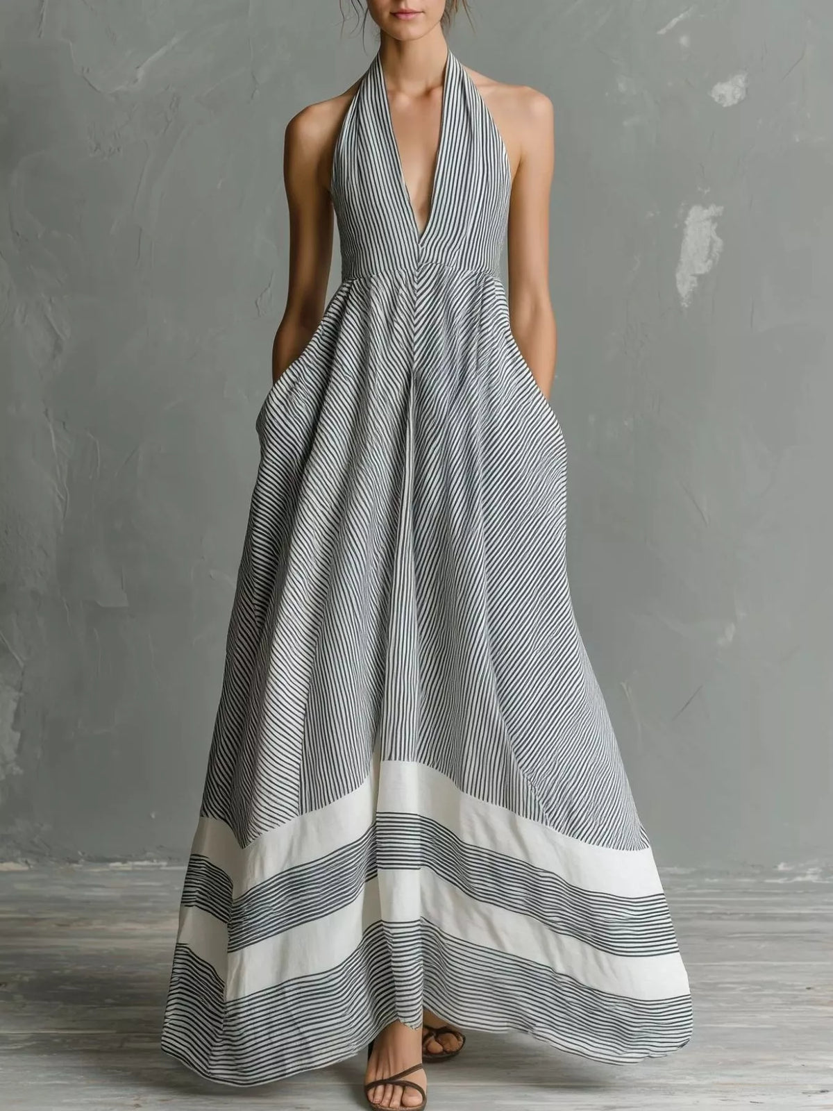 Striped Halter Maxi Dress with Pockets