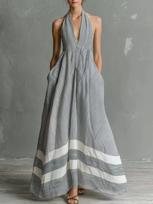 Striped Halter Maxi Dress with Pockets