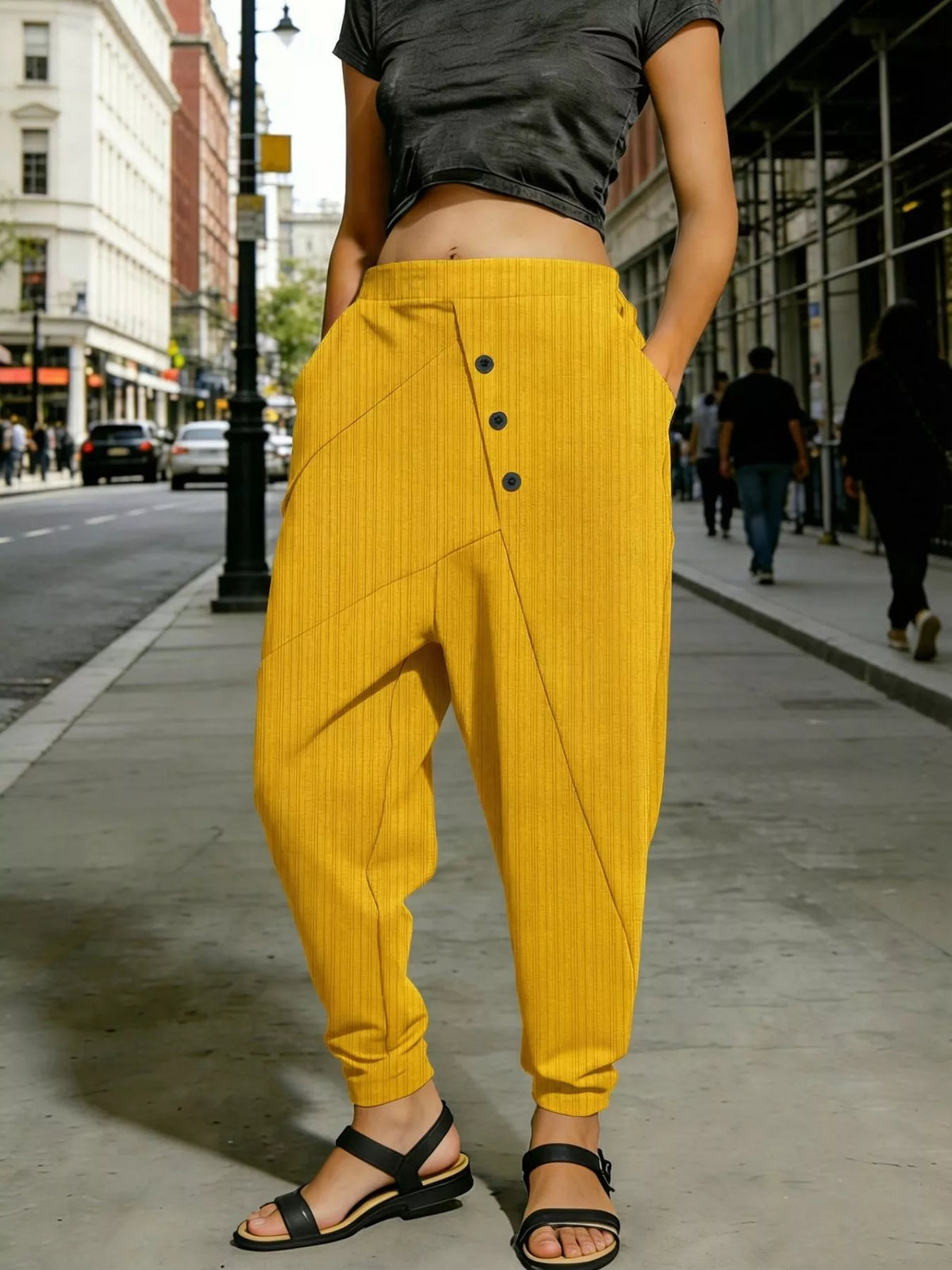 Plus Size Harem Pants with Decorative Buttons