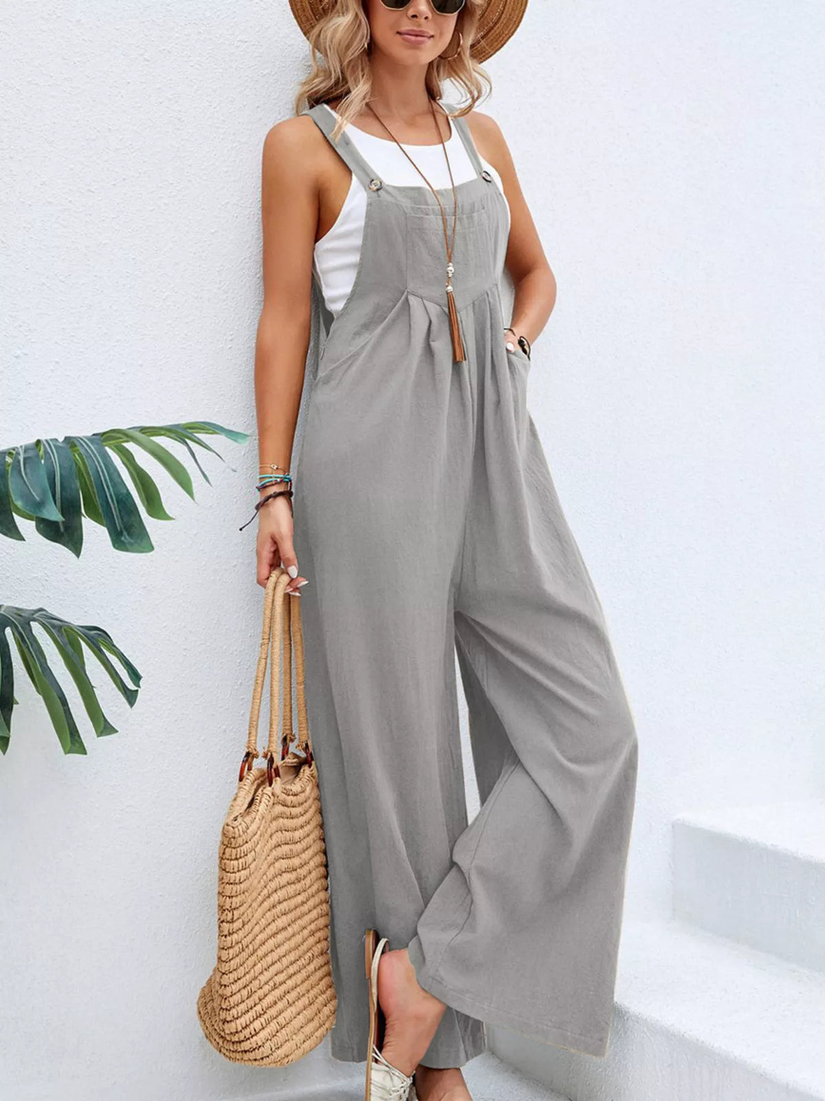 Casual Wide-Leg Overalls with Pockets