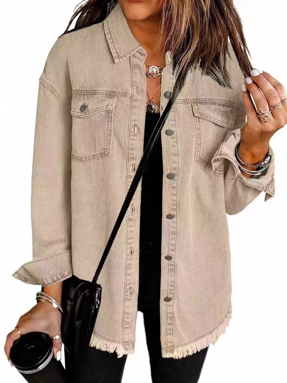 Frayed-Hem Button-Up Denim Jacket