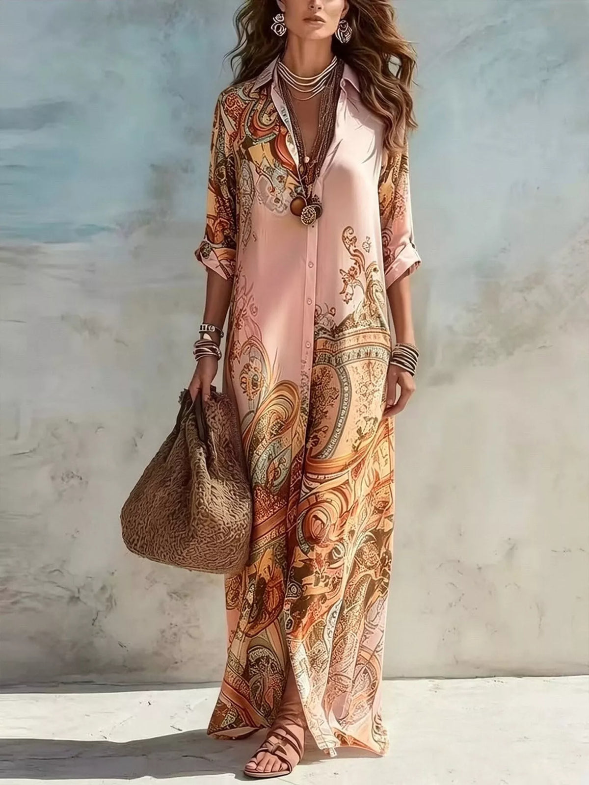 Printed Button-Down Shirt Maxi Dress