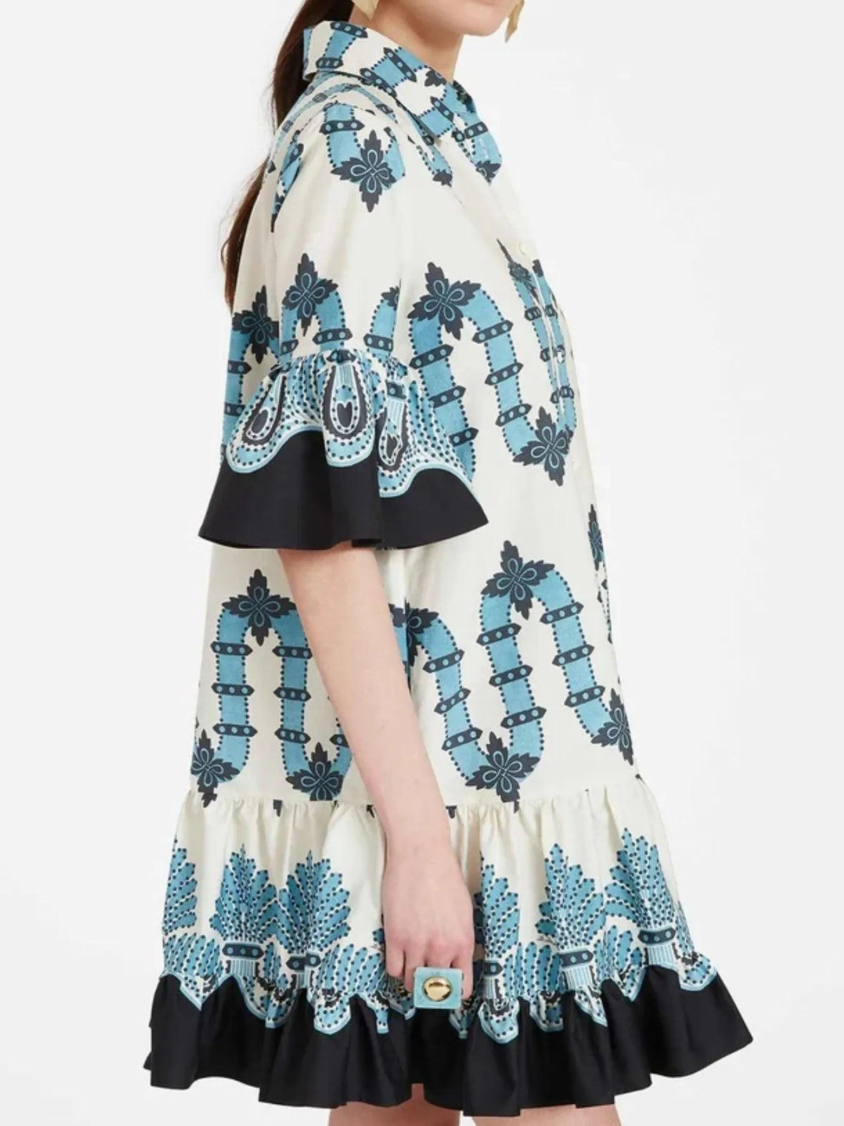 Buttoned Floral Ruffle-Sleeve Mini Dress by Rosaline