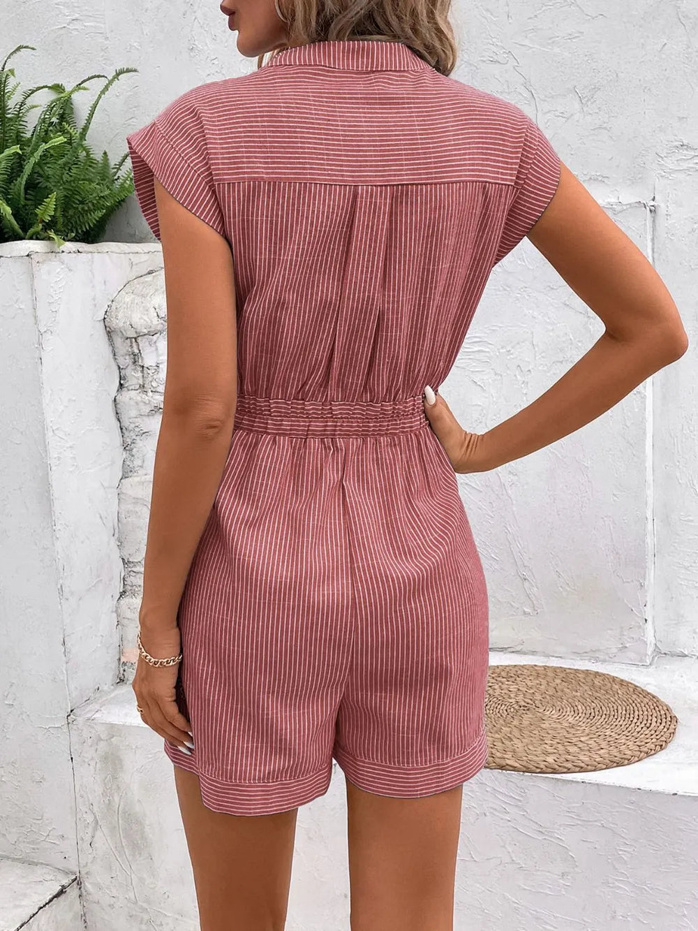 Notched Collar Striped Tie-Waist Romper