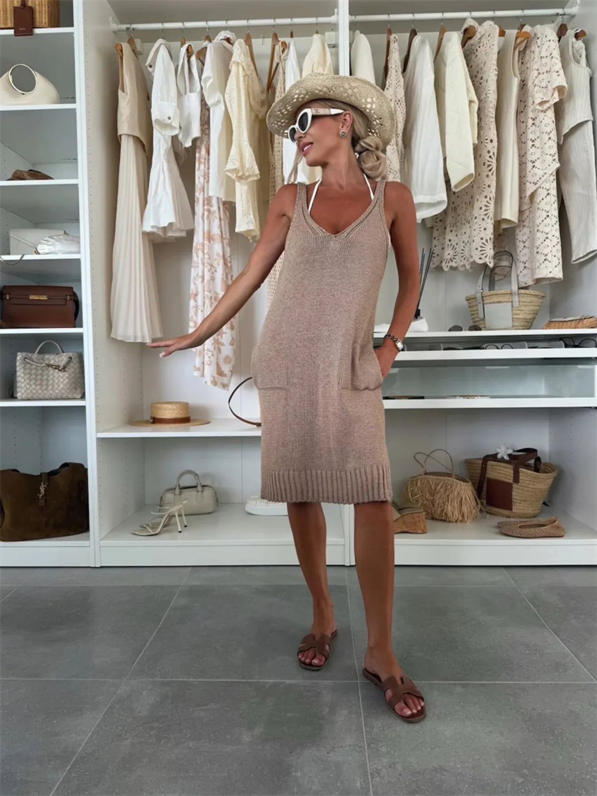 Ribbed Hem V-Neck Sweater Dress