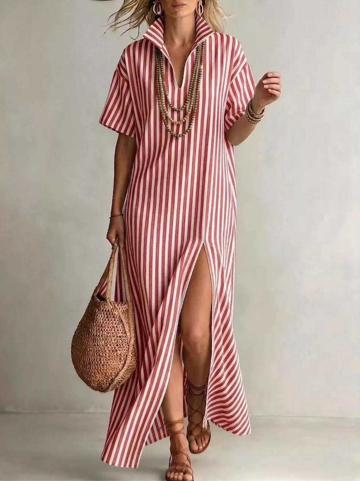 Striped Maxi Dress with Side Slit, Plus Size