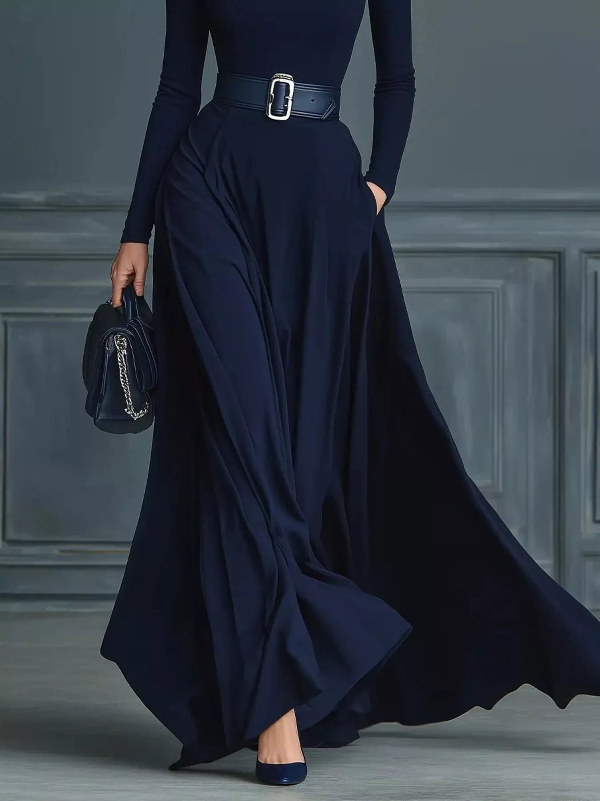 Turtleneck Long Sleeve Maxi Dress in Navy
