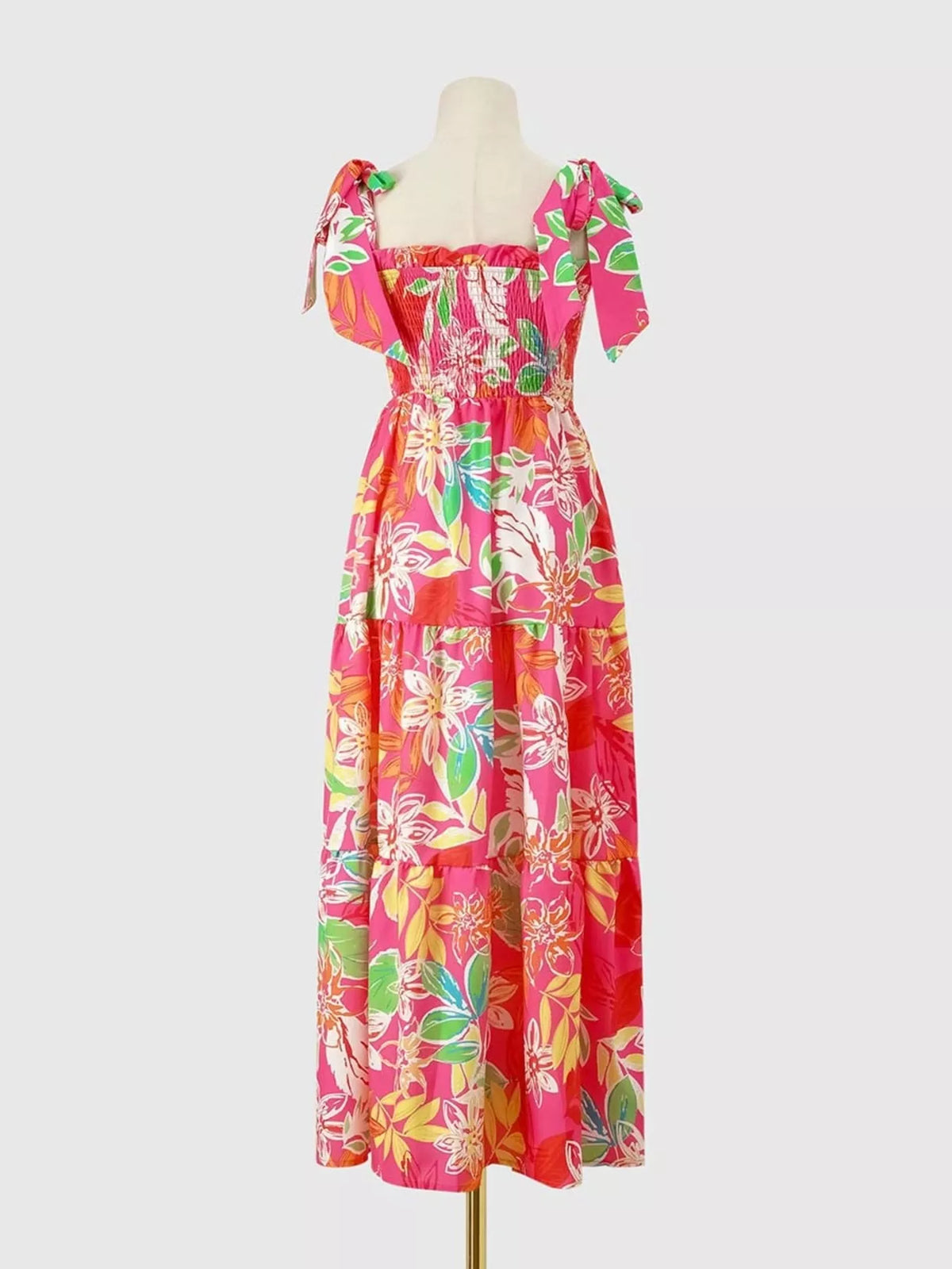 Tropical Print Smocked Tie-Strap Dress in Green
