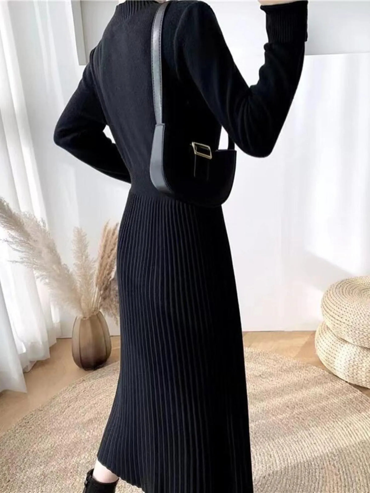 Slit Front Mock Neck Long Sleeve Knit Dress