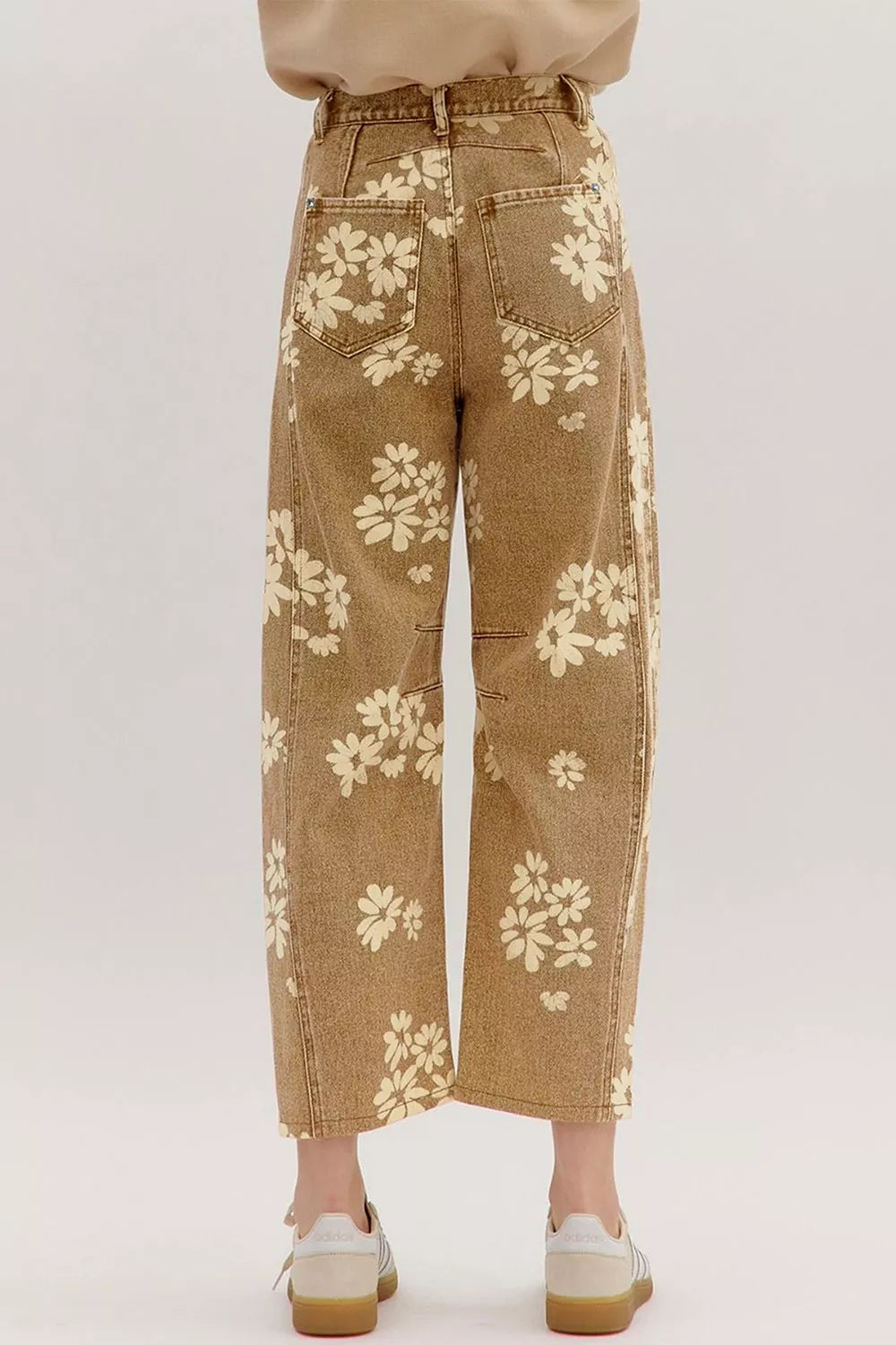 Floral Pleated Straight Leg Jeans in Tan