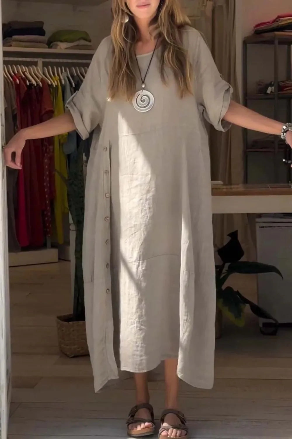 Relaxed-Fit Button-Front Dress, Plus Size