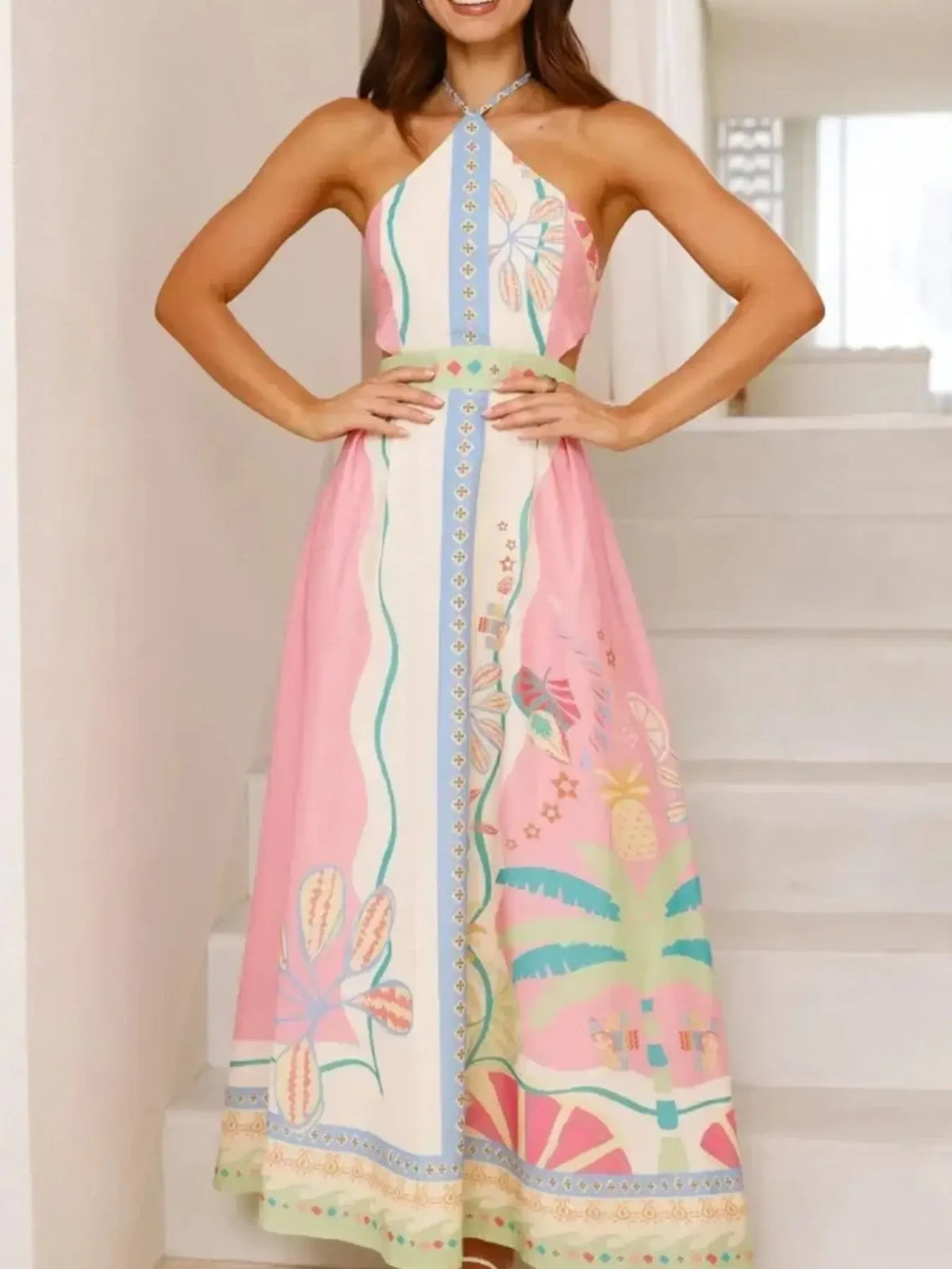 Halter Neck Printed Backless Maxi Dress in Blush Pink