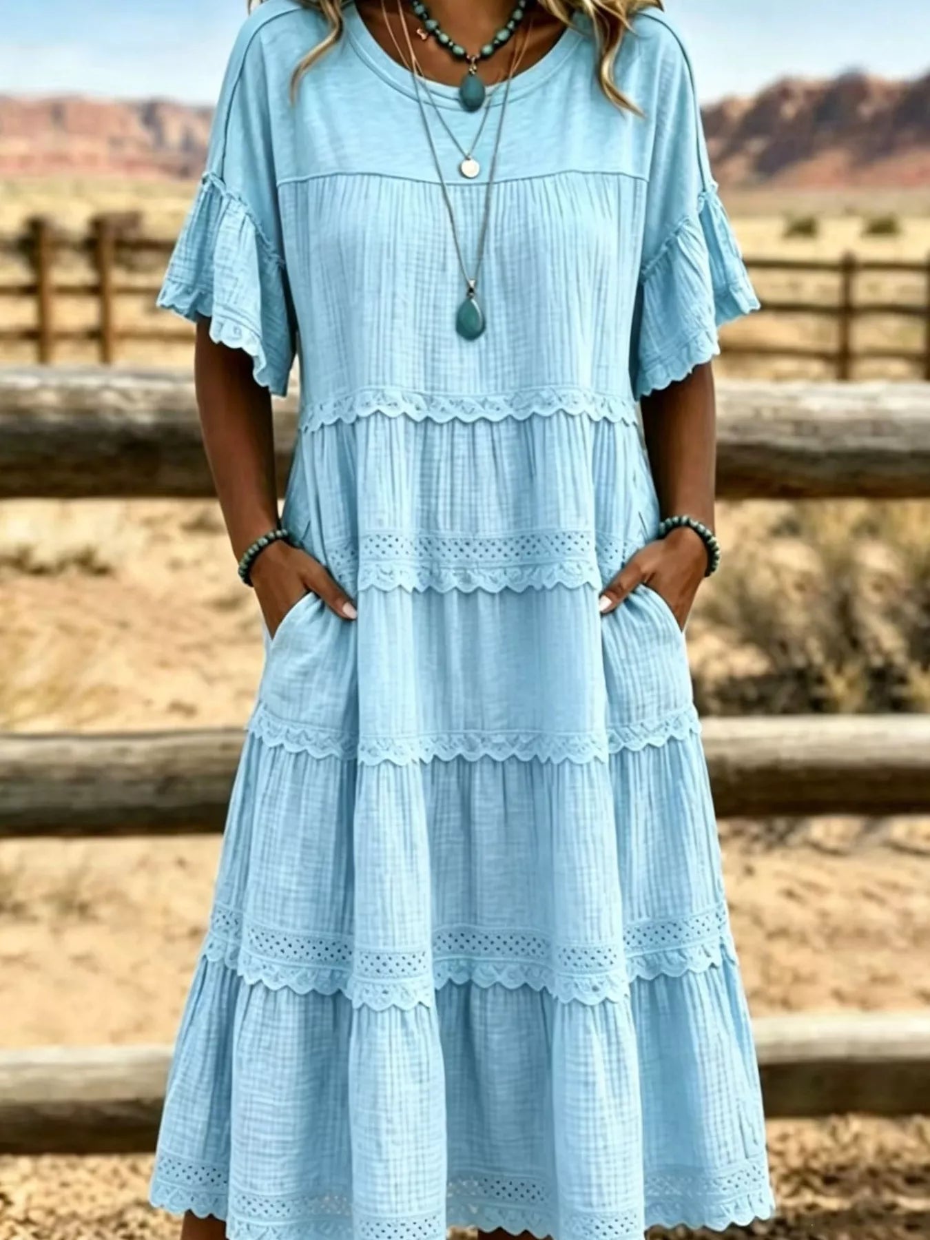 Tiered Ruffle Sleeve Midi Dress with Pockets