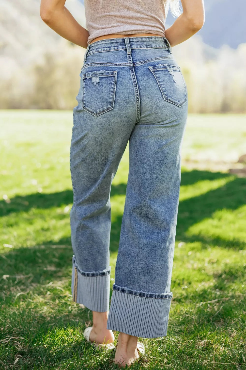 Cuffed Straight-Leg Distressed Jeans in Medium Wash