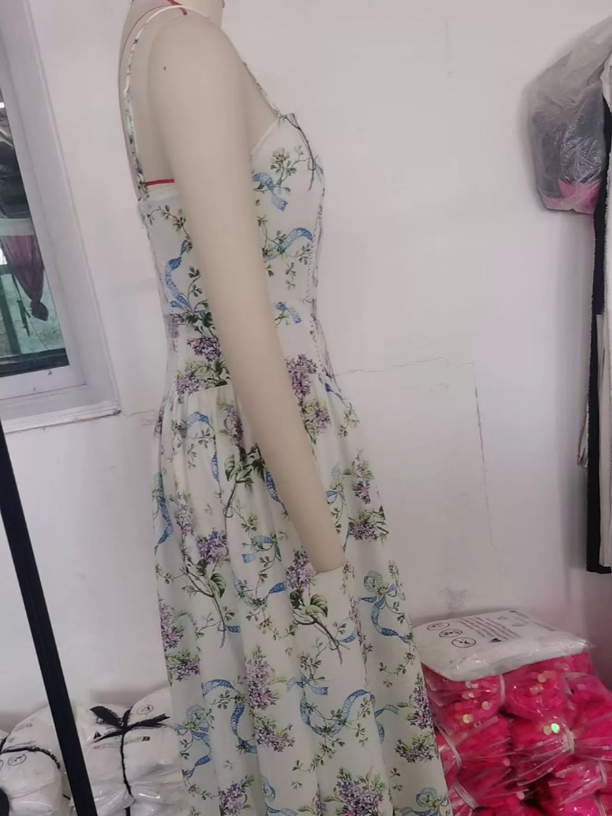Floral Spaghetti Strap Midi Dress in White