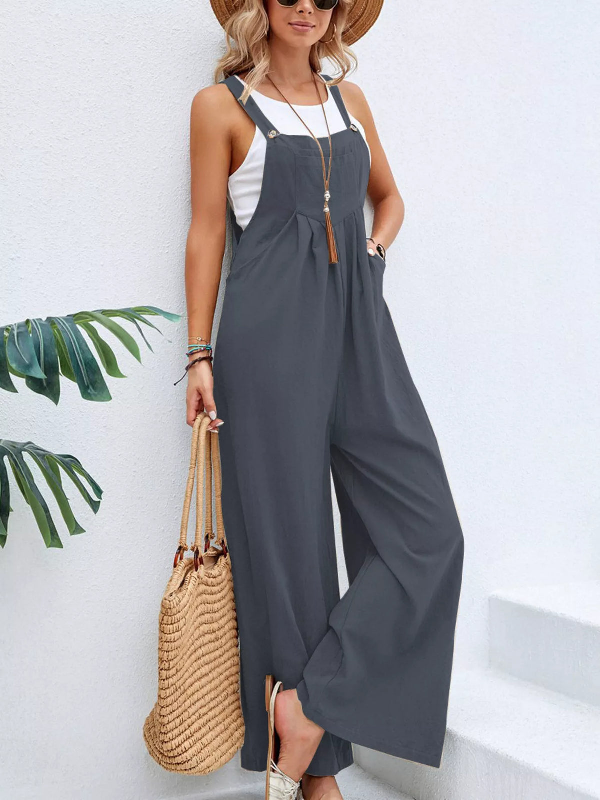 Casual Wide-Leg Overalls with Pockets