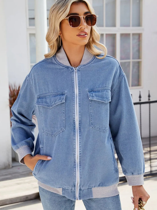 Zip-Up Baseball Collar Denim Jacket in Medium Wash by Manny