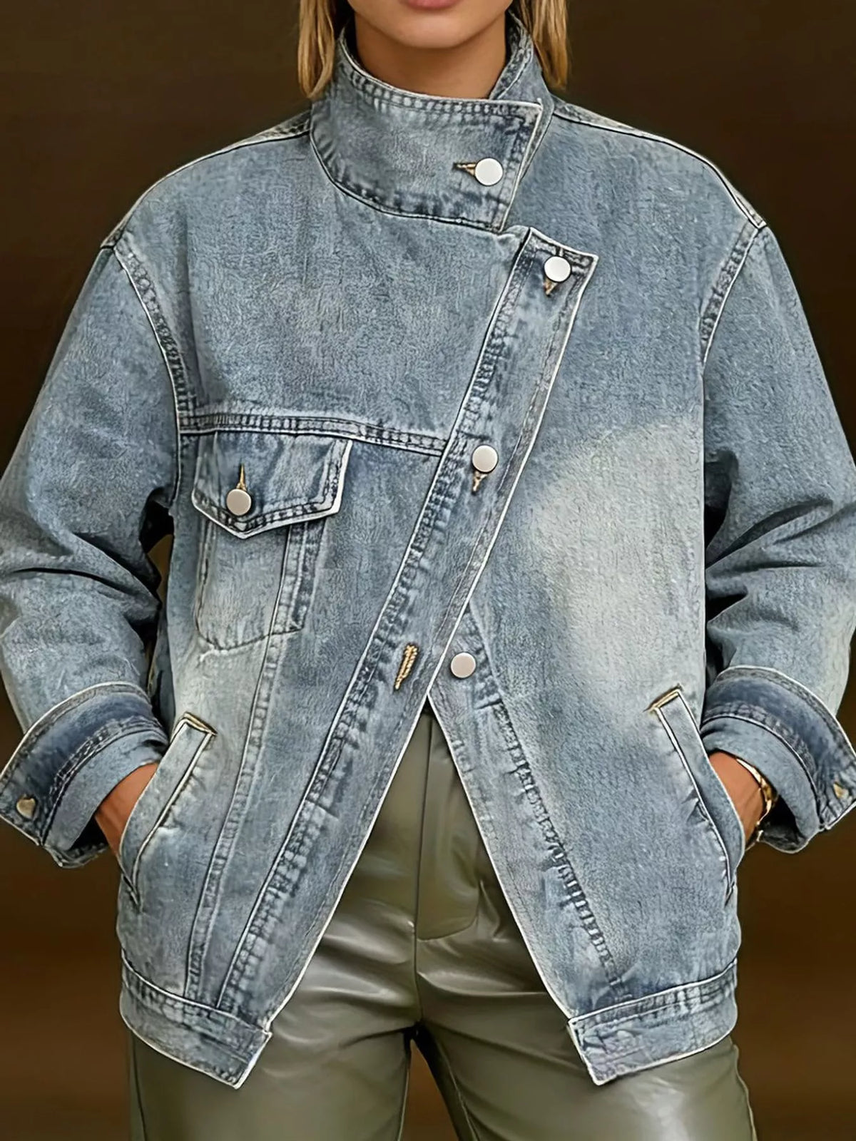 Asymmetric Stand Collar Denim Jacket