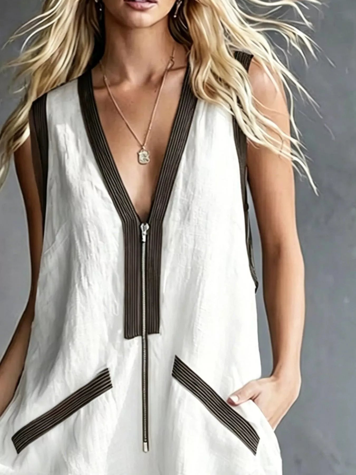 V-Neck Zip-Front Romper with Contrast Trim