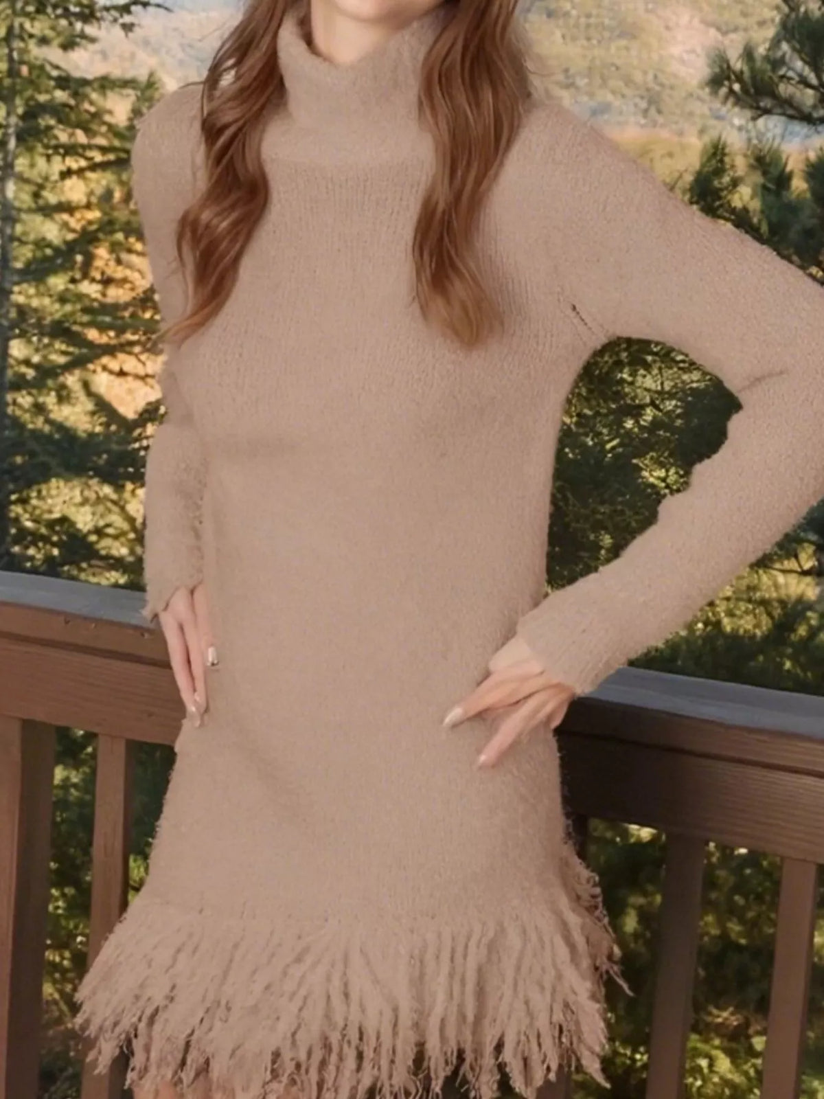 Fringe Turtleneck Sweater Dress