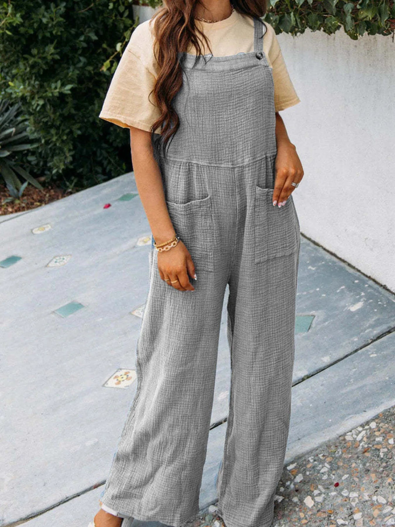 Textured Wide Leg Overalls