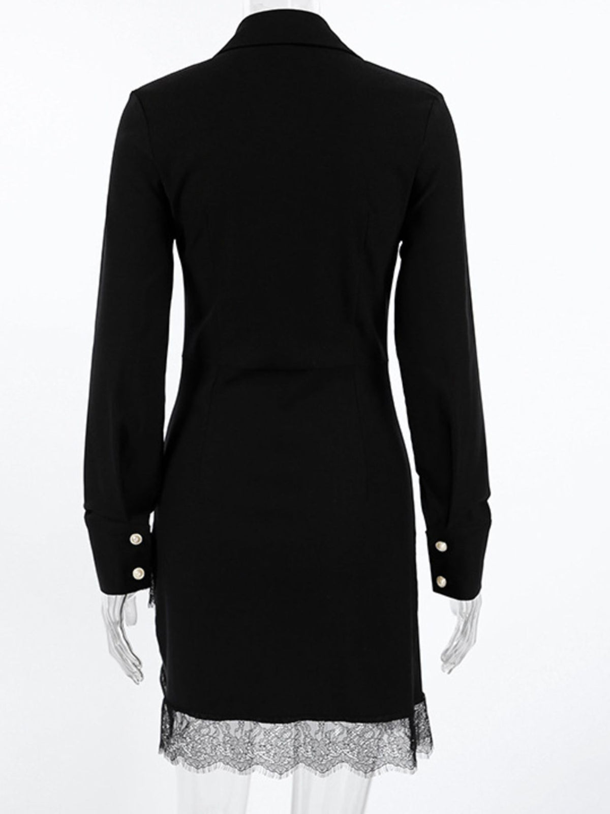 Lace Detail Button Front Long Sleeve Dress in Black