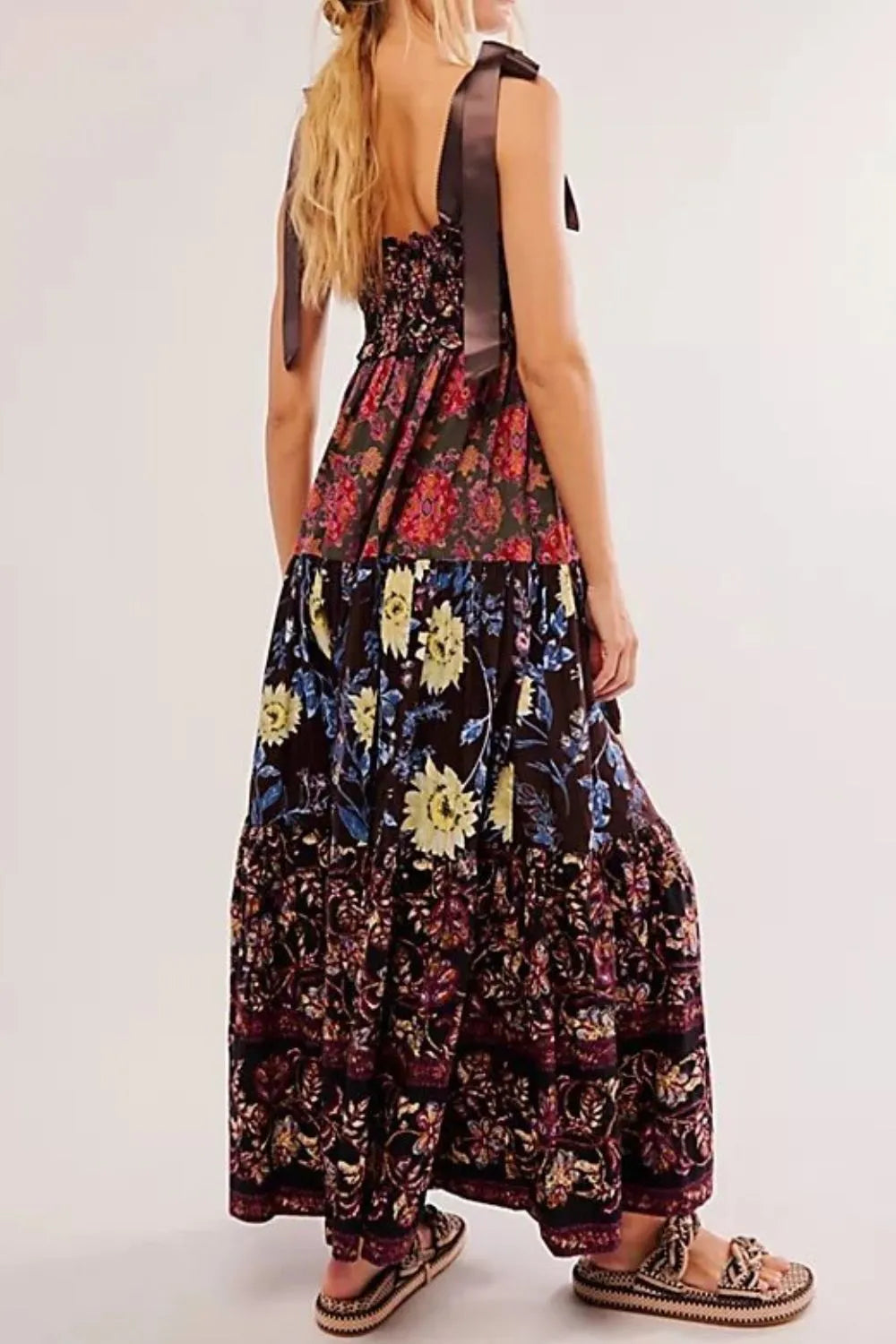 Floral Tiered Maxi Dress with Mixed Print