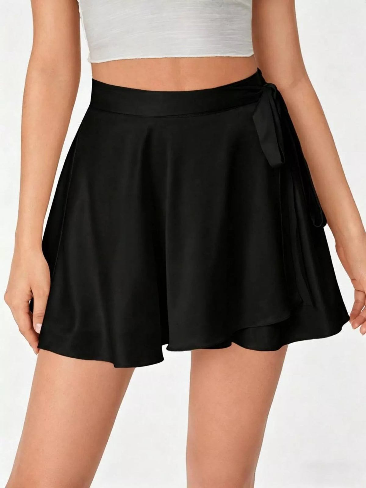 Tied Elastic-Waist Mini Skirt in Black