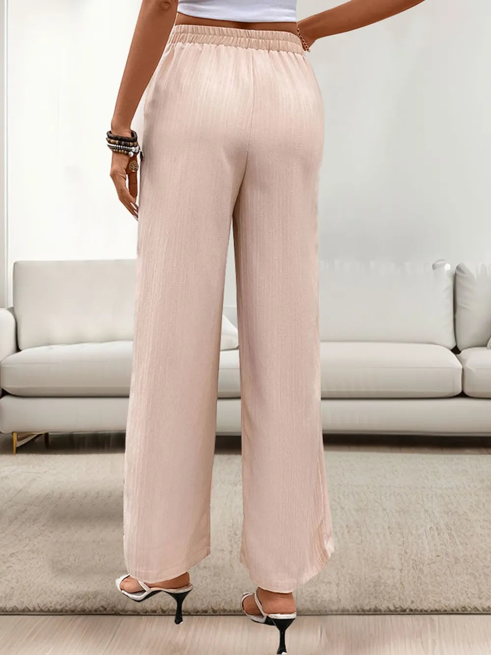 Tied Wide Leg Pants with Pockets in Apricot