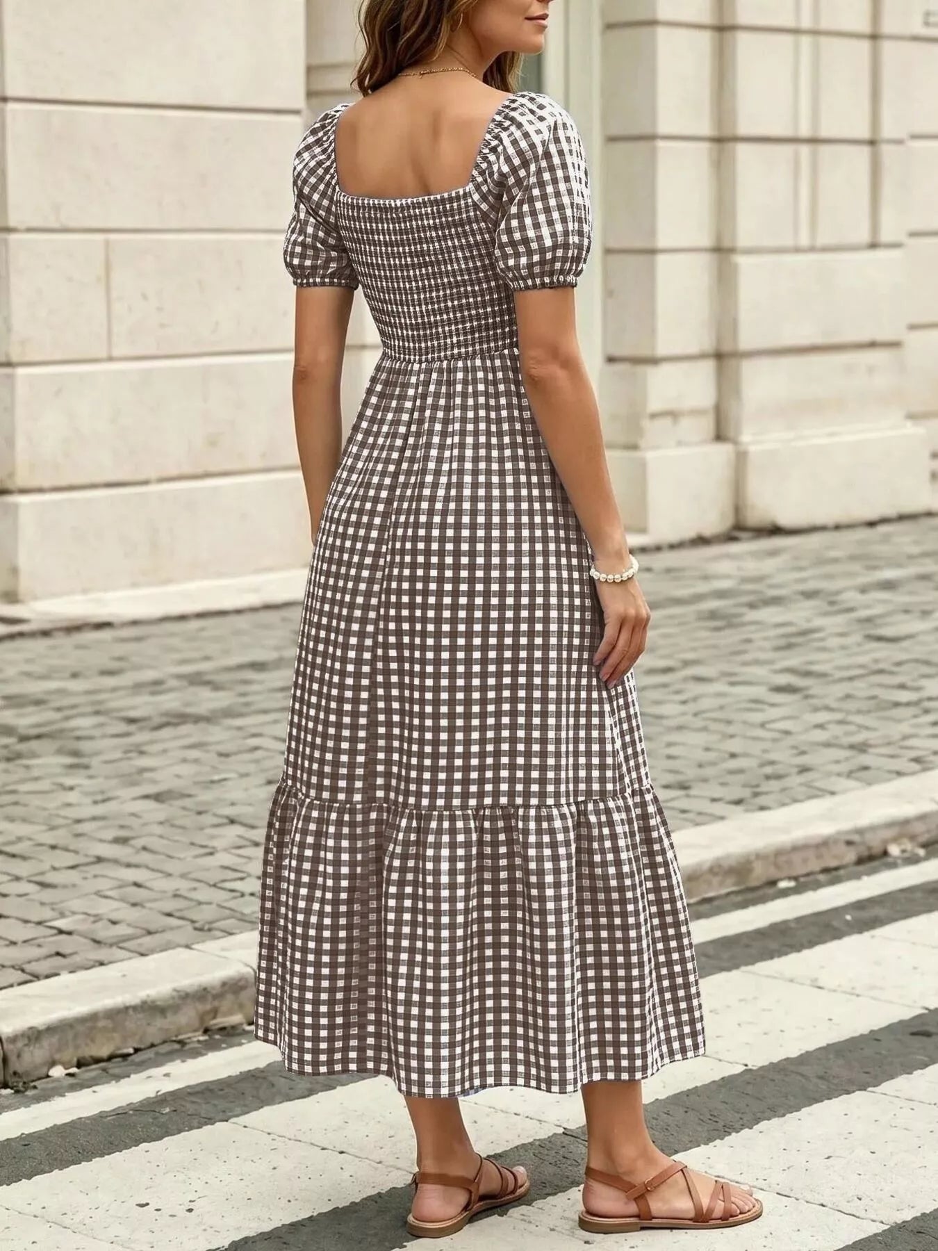 Gingham Smocked Puff Sleeve Midi Dress