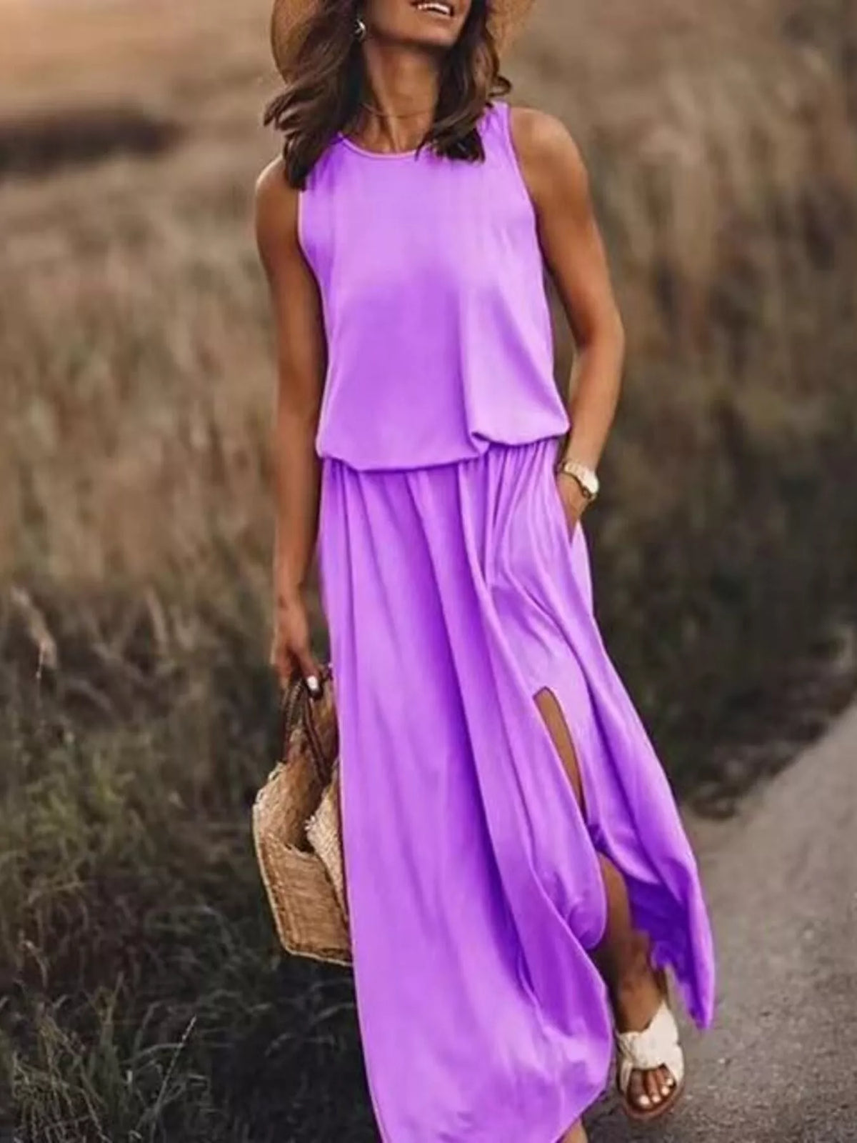 Round Neck Sleeveless Slit Maxi Dress