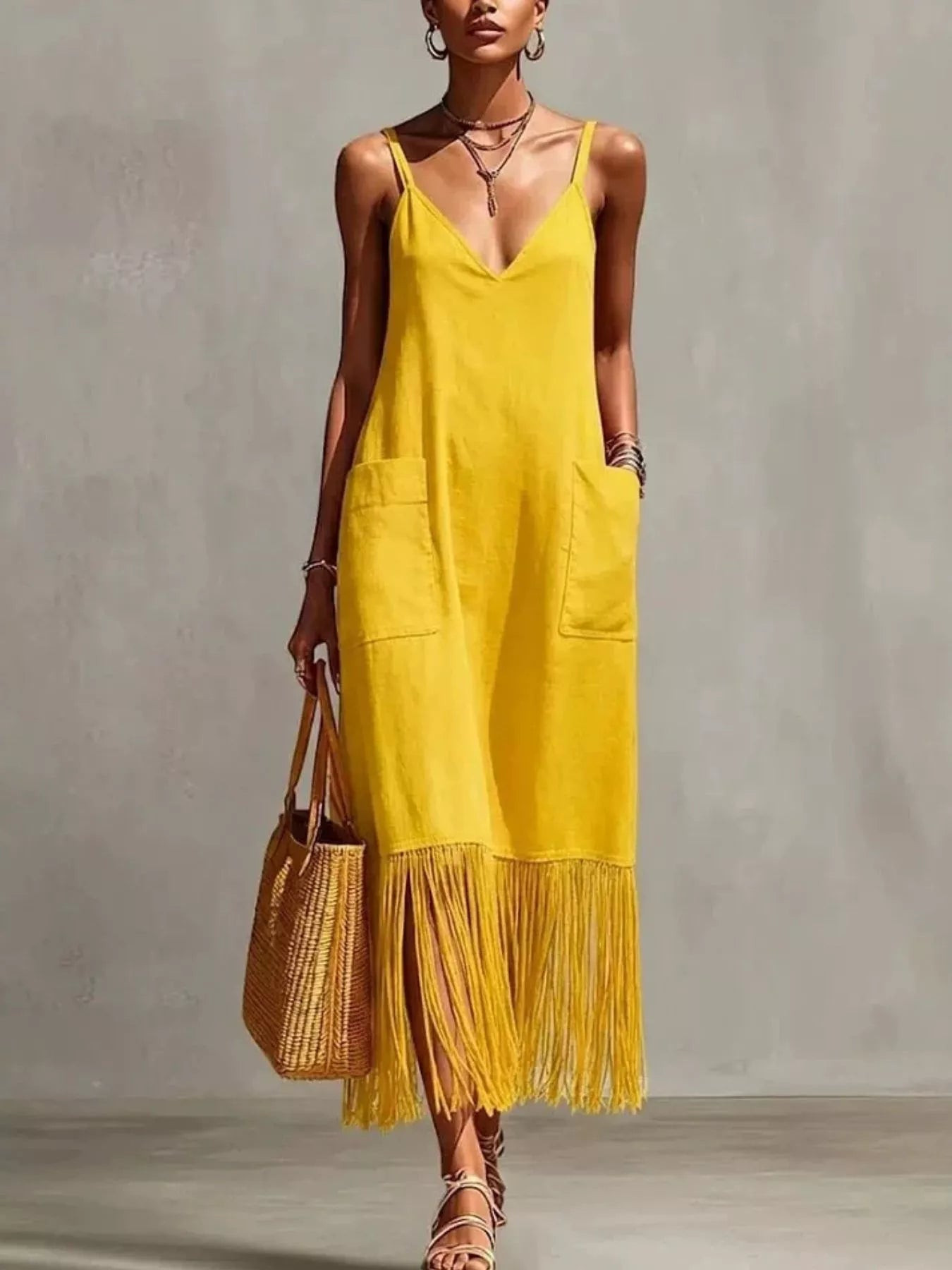 Fringe V-Neck Spaghetti Strap Dress
